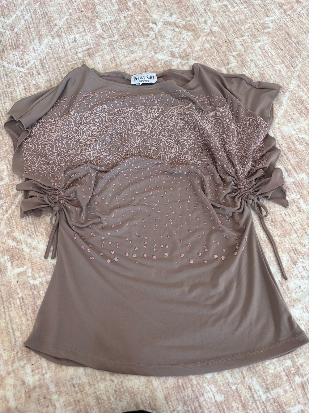 Pretty Girl Brown Embellished Ruched Sleeve Top M